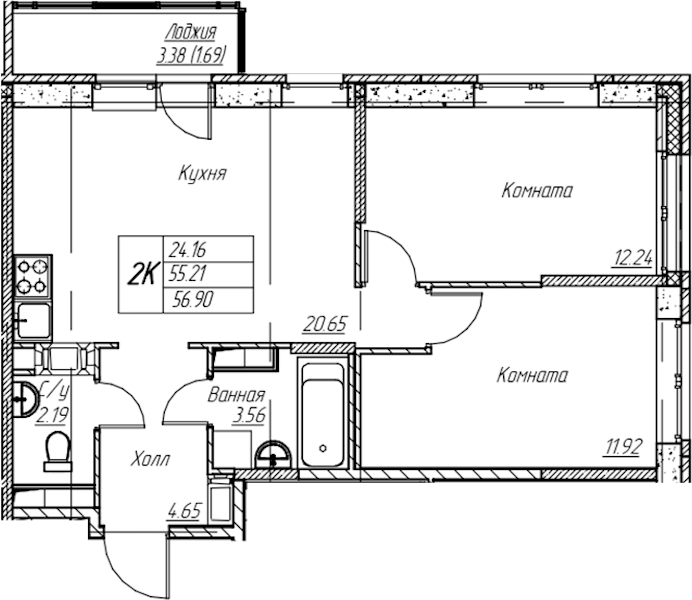 2-комнатная квартира 56.9 м², 11/22 эт., ЖК «Парк-квартал Юнтолово»